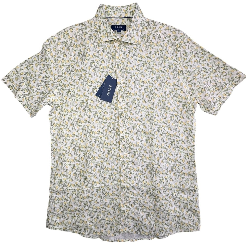 ETON 100% Linen Camp Shirt Mens XL 17.5 44 Slim Fit Tropical Bananas Resort NWT